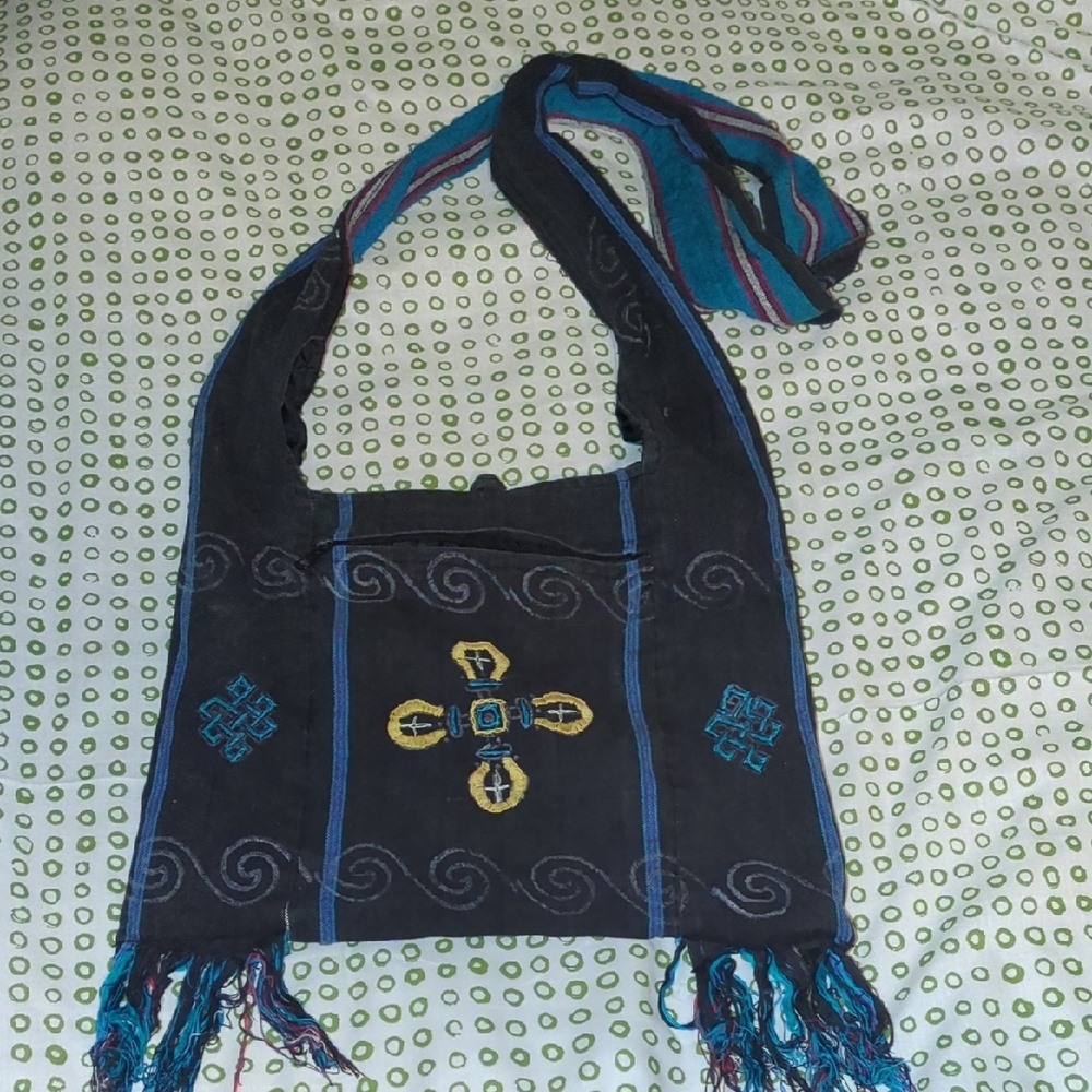 Artisanal Nepal Black and Blue Embroidered Shoulder Bag